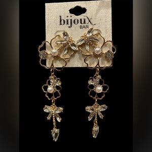 Bijoux Drop Earrings Floral Butterfly Gold Tone Rhinstones